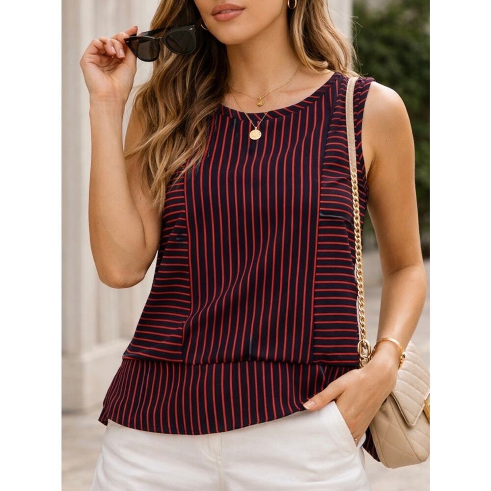 Tommy Hilfiger Sleeveless Red & Navy Striped Blouse Coastal Summer